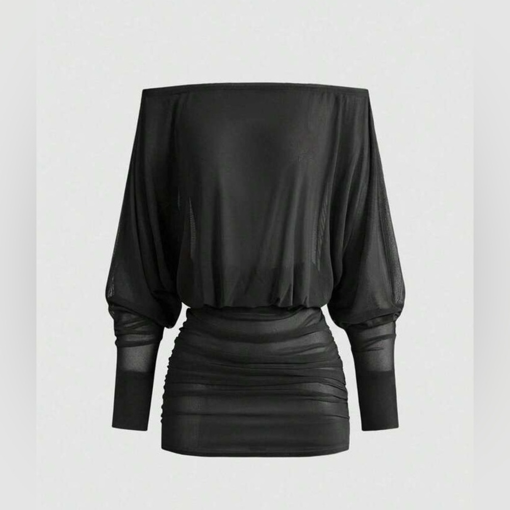 Black Sheer Ruched Mini Dress